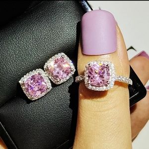 Pink diamond in cz halo radiant ring earrings set